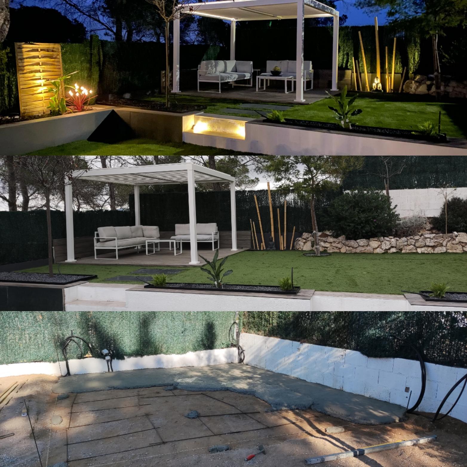 Collage del proceso y resultado del jardín con iluminación nocturna Jardín con piscina, tarima y pérgola en Castelldefels Collage del proceso y resultado del jardín con iluminación nocturna